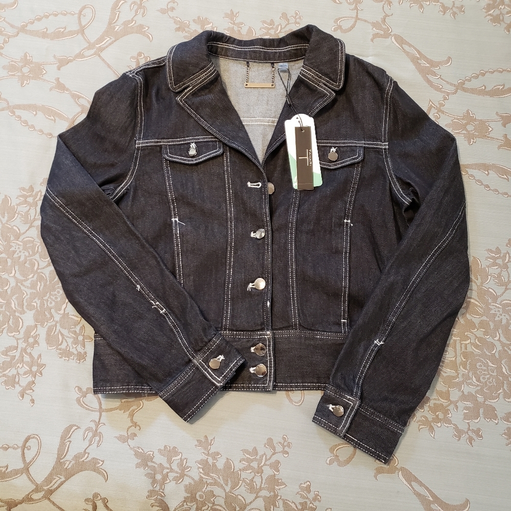 Tahari Black Denim Button Up Tencel Jean Jacket Women Size Large